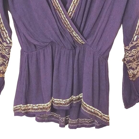 Free People Sequins Blouse Women Sz S Purple  Embroidered Long Puff Sleeves Boho - Picture 6 of 15